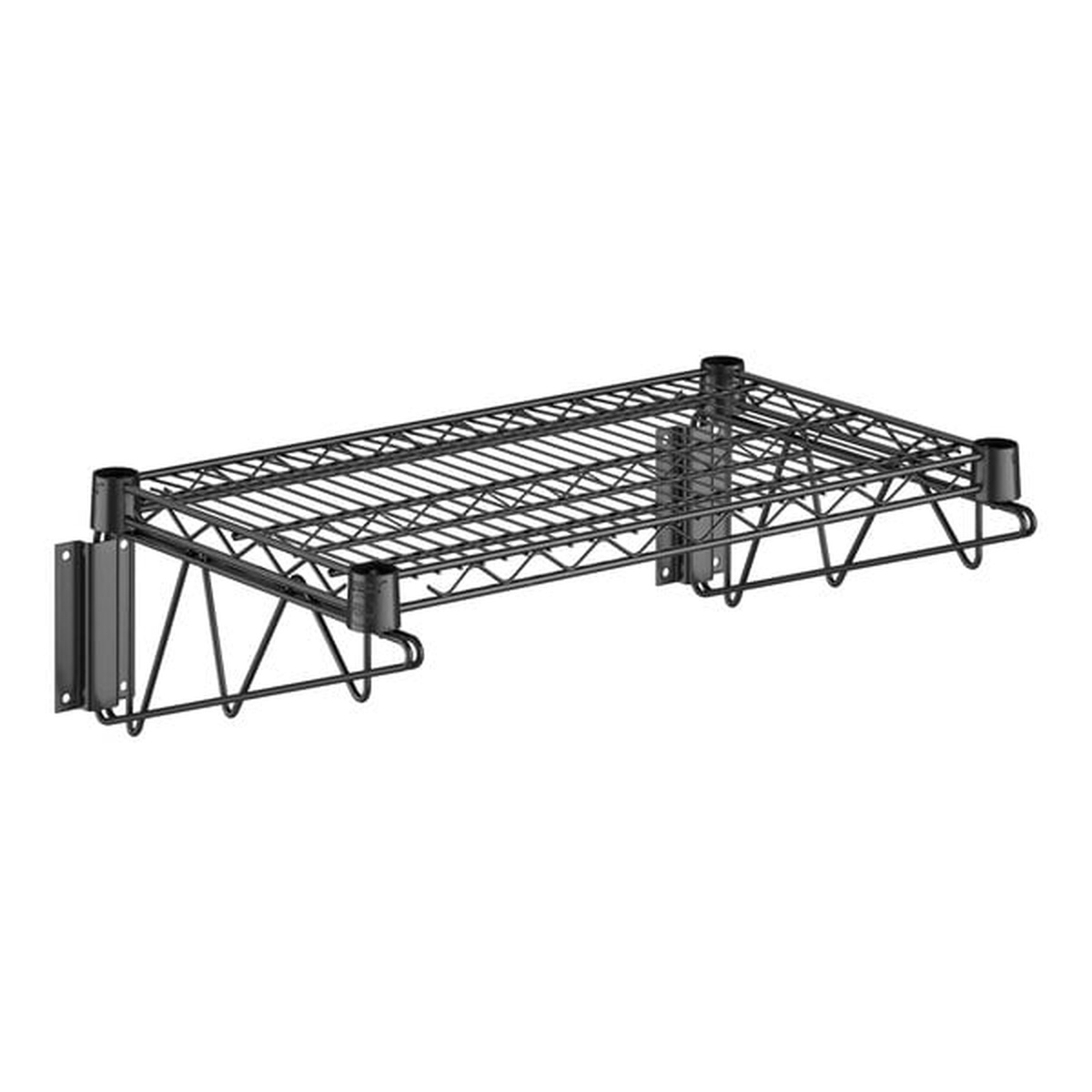 Black epoxy wire wall mount shelf angled overhead view showing wire grid surface
