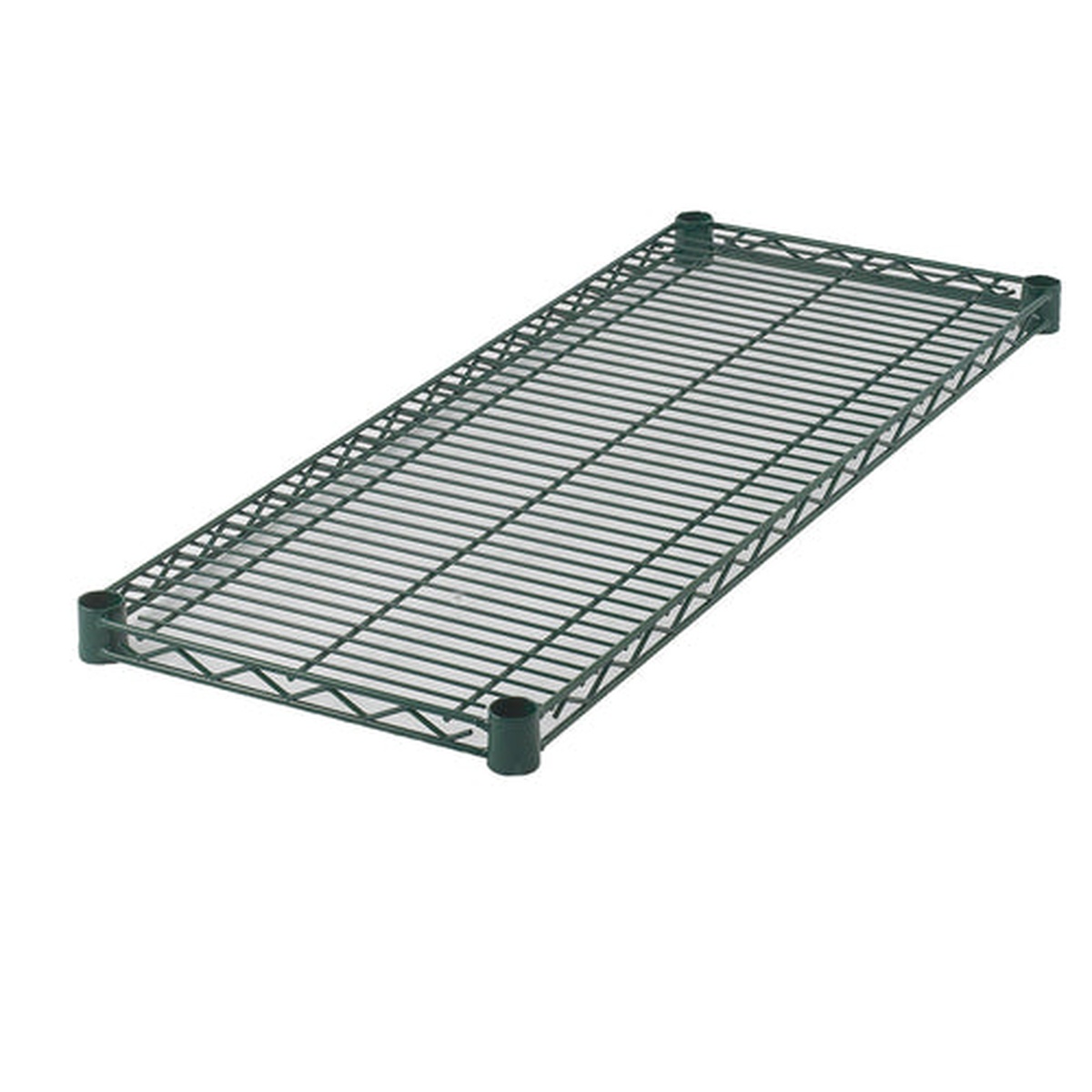 WS1860EG Enhanced Wire Shelf 18x60 with green epoxy coating, angled view showing wire grid and corner clips