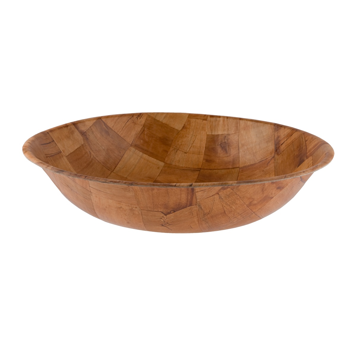 Libertyware 18-inch woven wood salad bowl with natural brown finish and visible wood veneer pattern