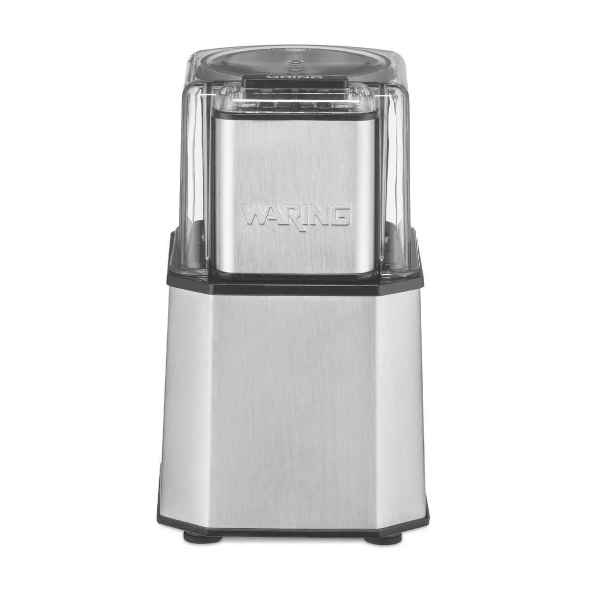 Waring WSG30 commercial spice grinder with brushed stainless steel housing and interlocking safety lid