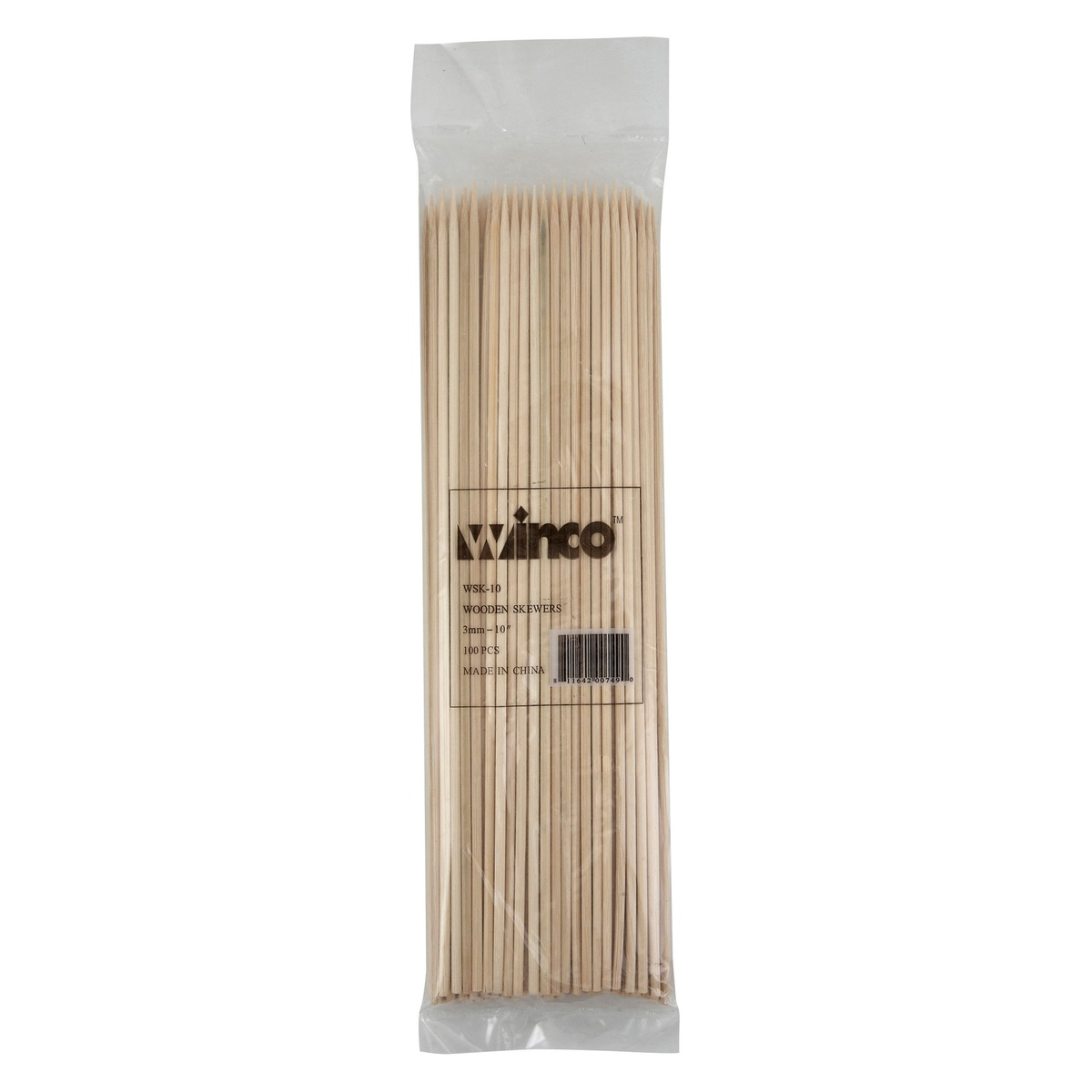 Winco WSK-10 10-inch bamboo skewers packaged in a clear bag, 100 pieces