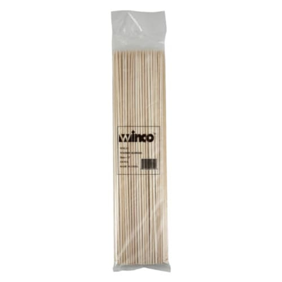 Winco WSK-12 12-inch bamboo skewers bundled in a clear plastic bag, 100 per pack