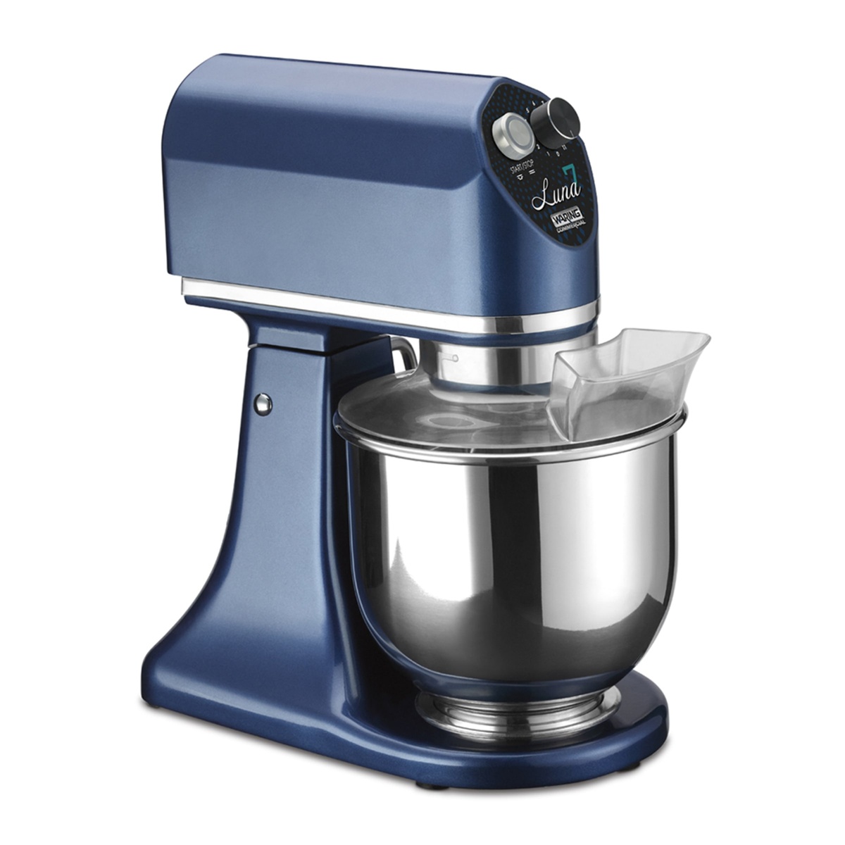 Side view of Waring WSM7L Luna planetary mixer showing bowl, splash guard, and control dial