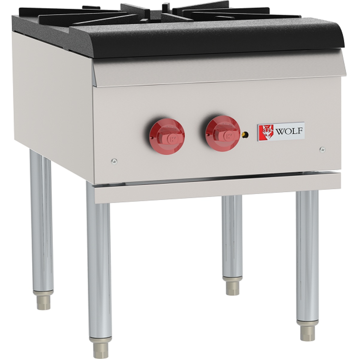 Wolf stock pot range with cast iron top grate and two front control knobs