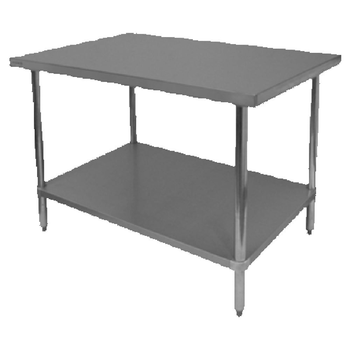 GSW USA WT-P2436US stainless steel undershelf shown mounted beneath a compatible commercial work table