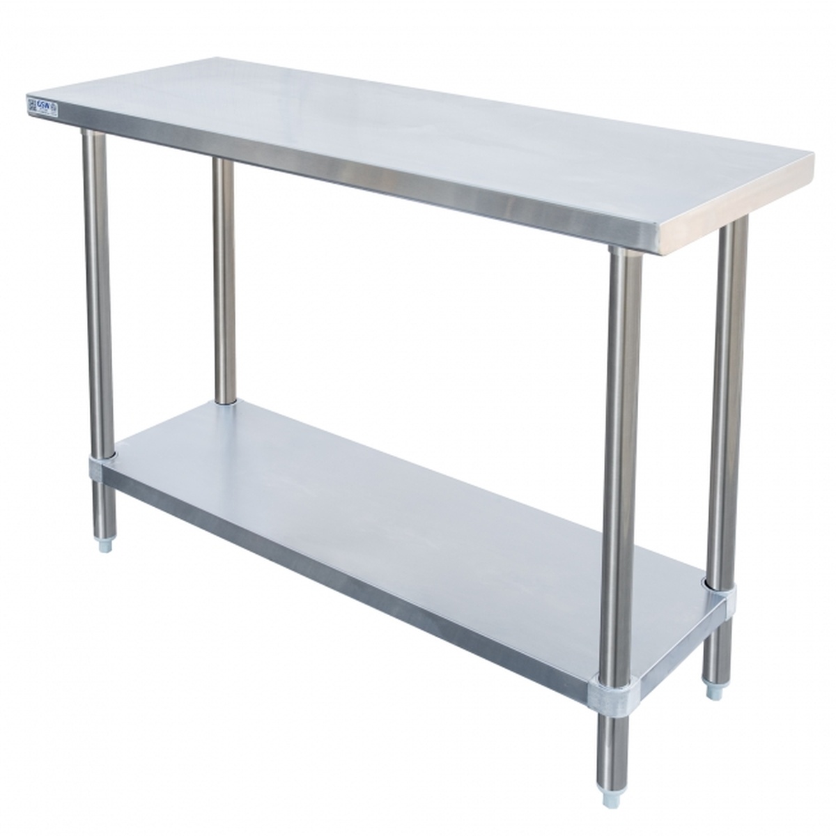 GSW USA stainless steel work table with undershelf installed, showing flat polished top and lower storage shelf on adjustable legs