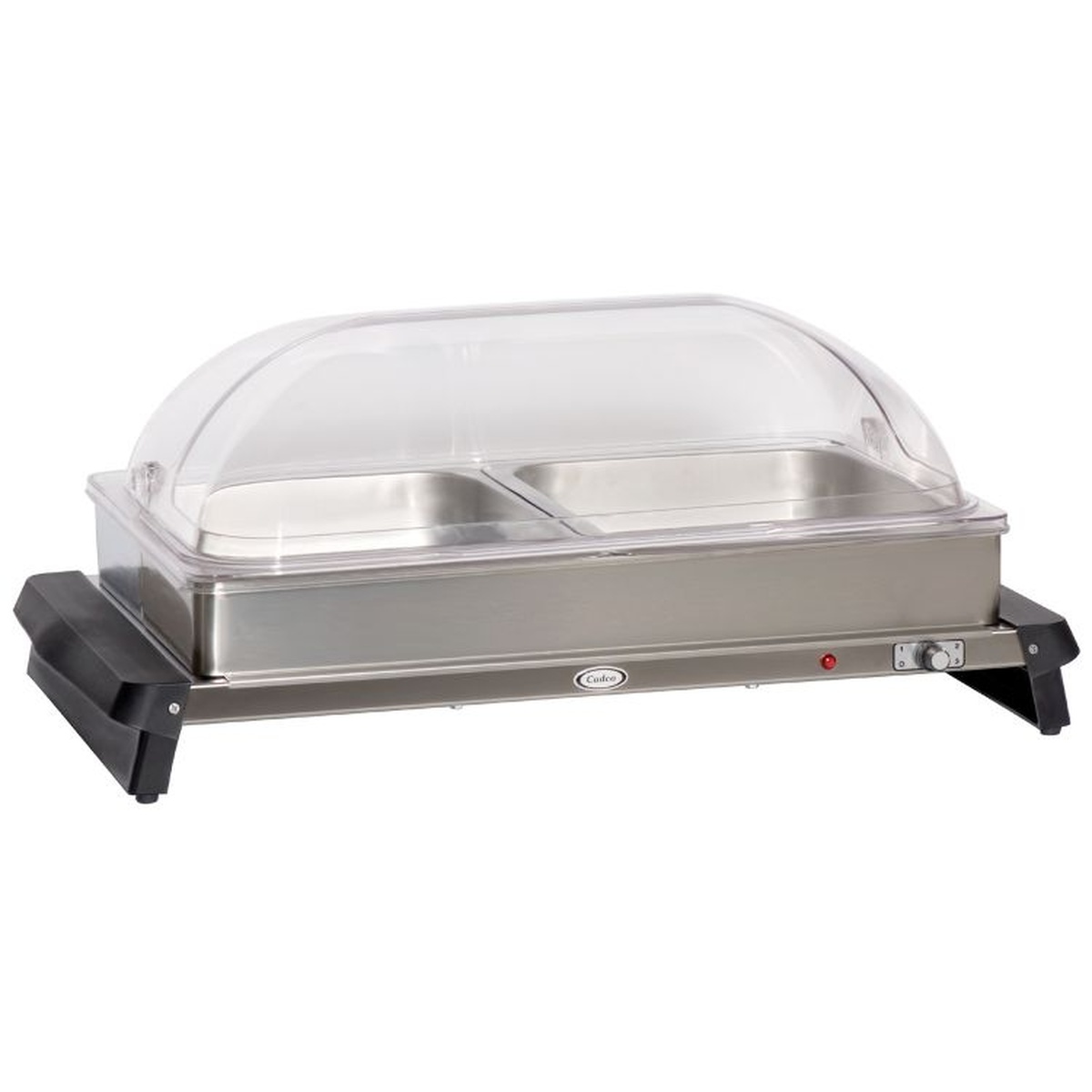 Cadco WTBS-2RT countertop buffet warmer with transparent Tritan rolltop lid and two stainless half-size steam pans on a stainless steel heated base
