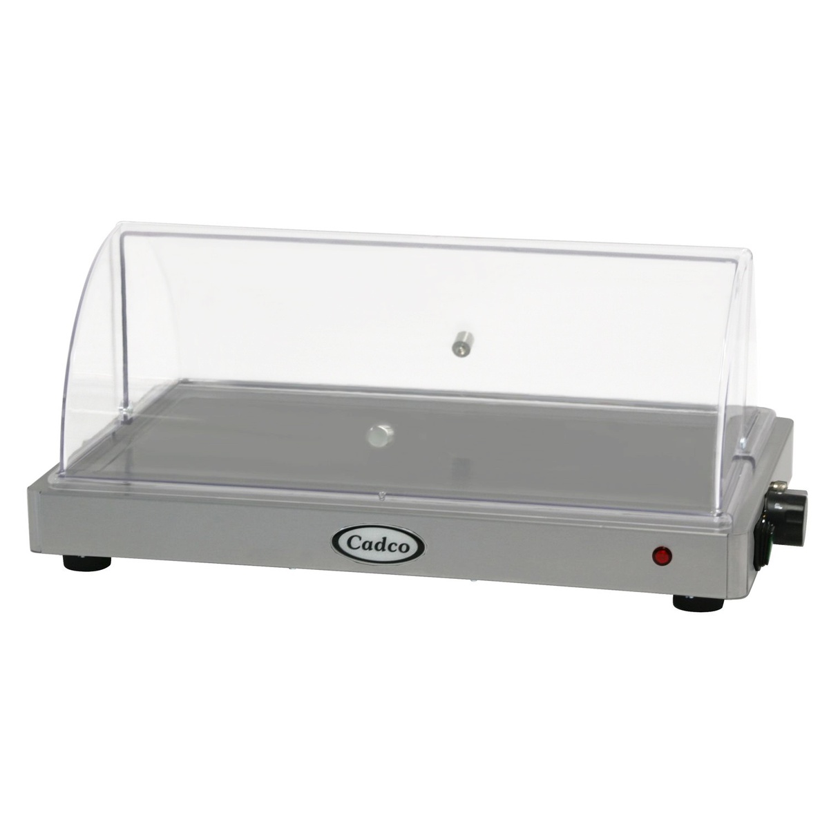 Cadco WTRT-10-HD heavy duty warming shelf with clear Eastman Tritan rolltop lid, stainless steel base, control knob, and red indicator light