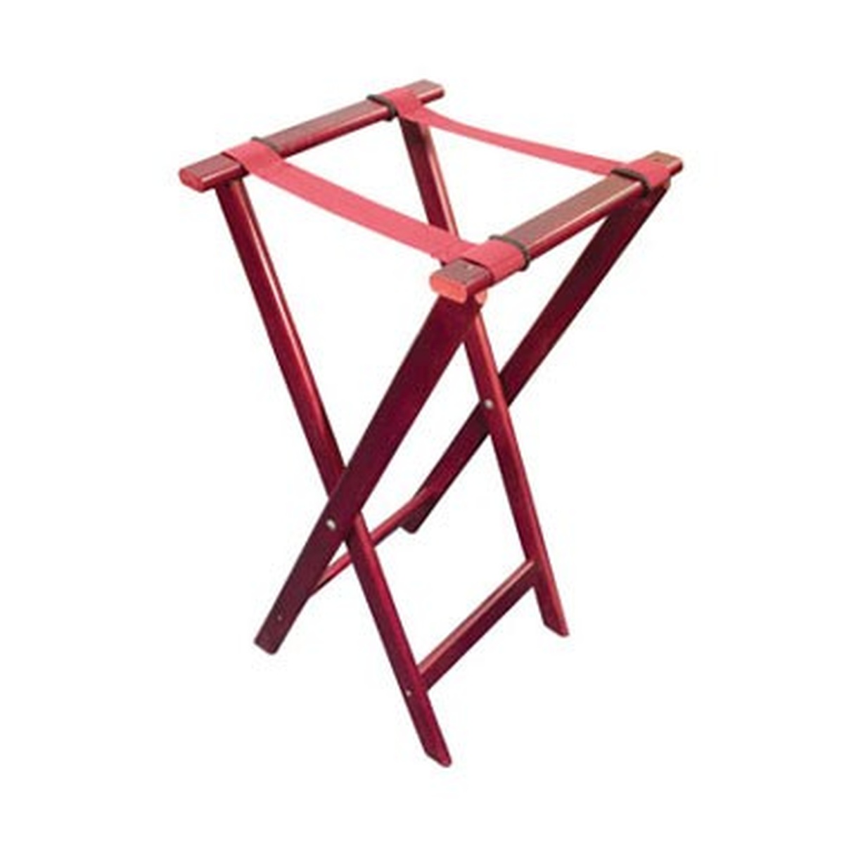 Crestware WTSDK dark wood folding tray stand with nylon straps, shown fully open