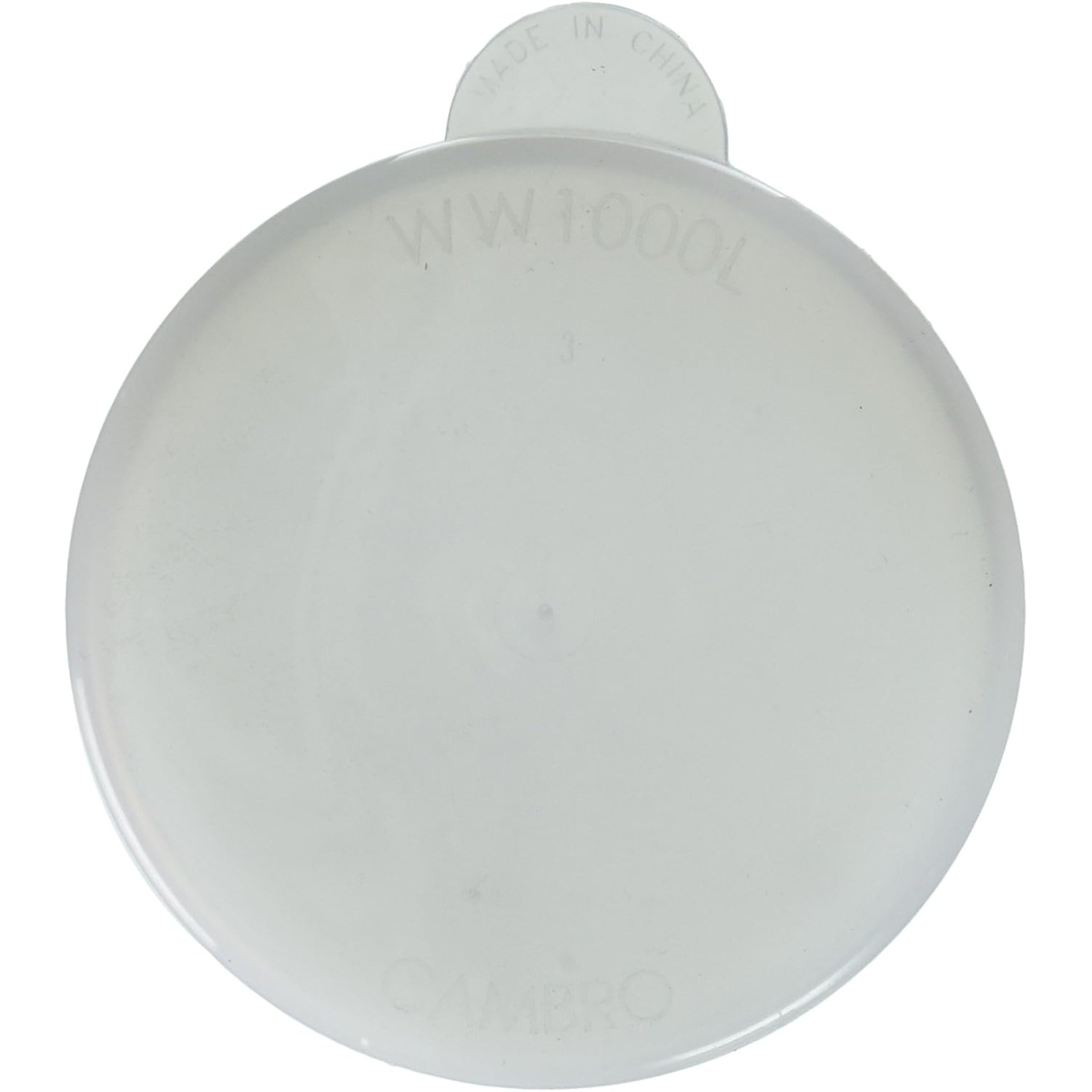 Cambro WW1000L148 white plastic replacement snap-on lid for Camliter decanter, bottom view showing model number