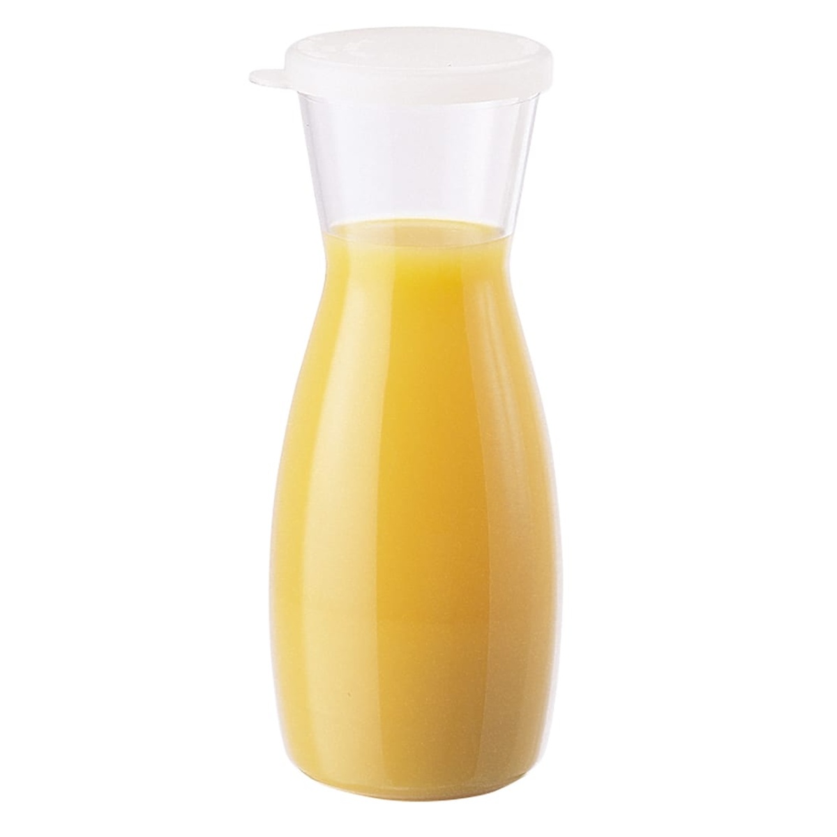 Cambro CamView Camliter 0.5 liter clear decanter filled with orange juice with snap-tight lid