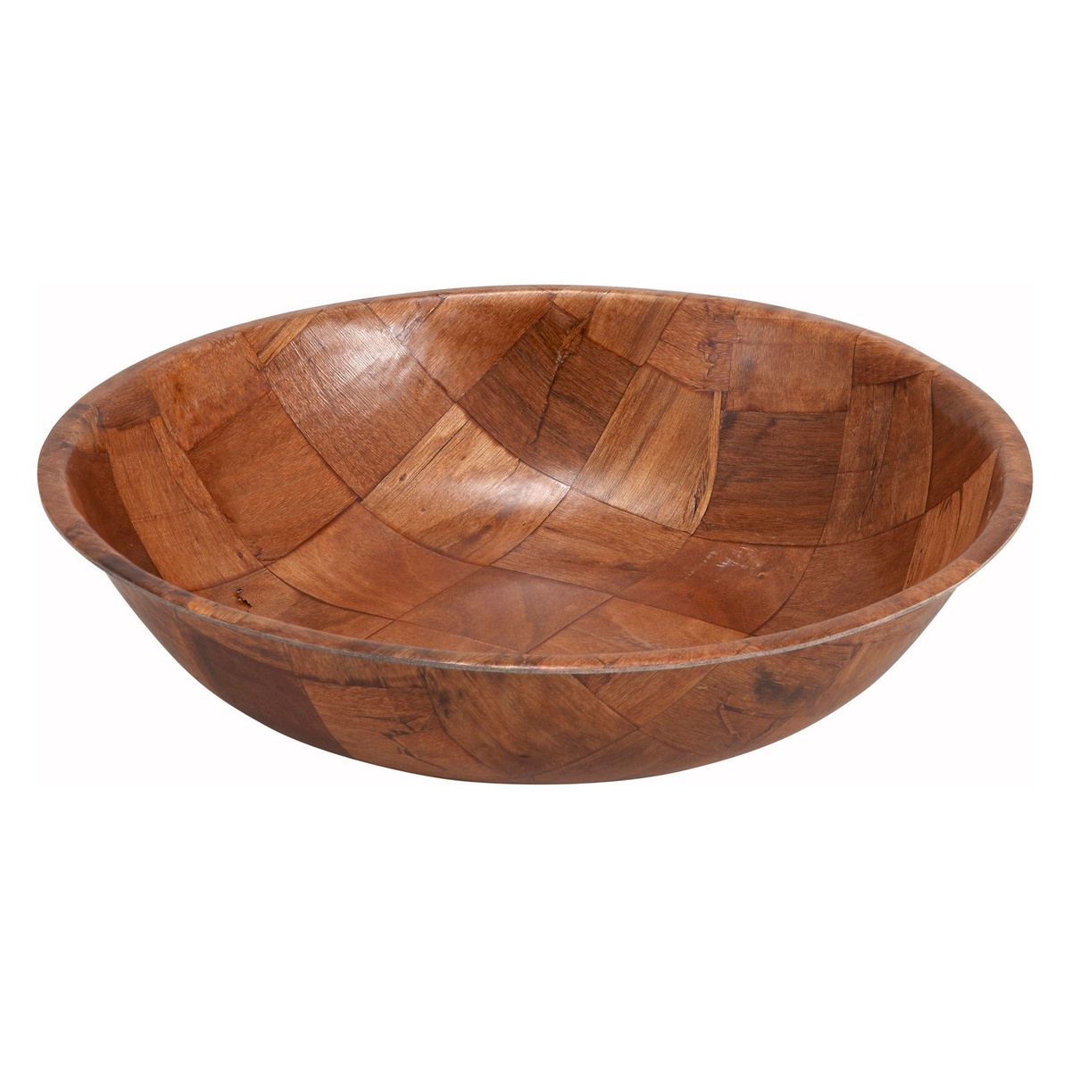 Winco WWB-10 10-inch round woven wood salad bowl on white background