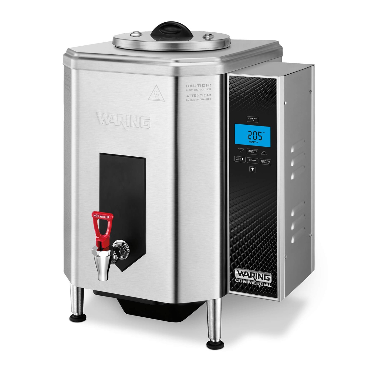 Waring WWB10G 10-gallon stainless steel hot water dispenser with LCD display showing 205 degrees and red hot water tap