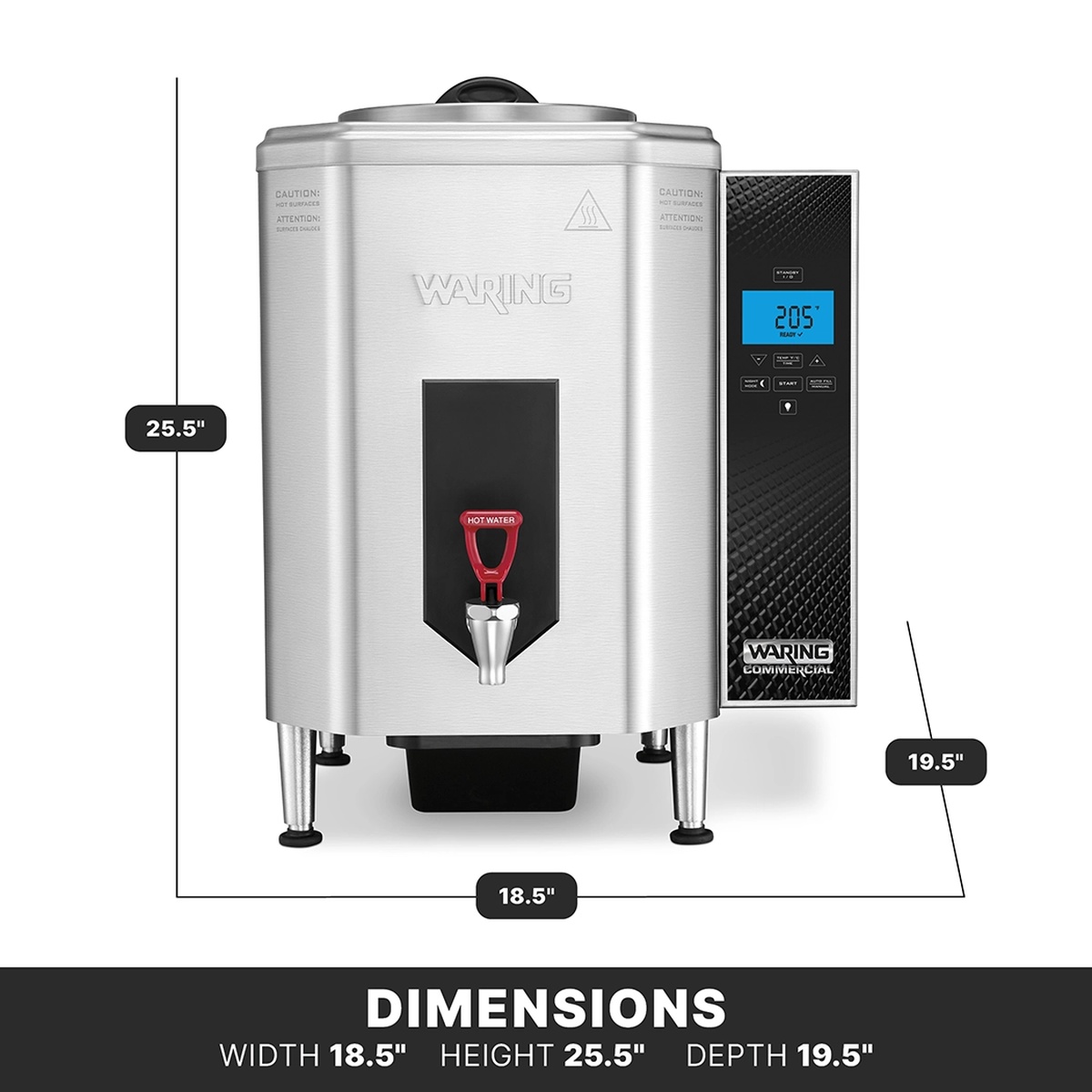 Waring WWB10G front view with dimension callouts: 18.5 inch width, 25.5 inch height, 19.5 inch depth