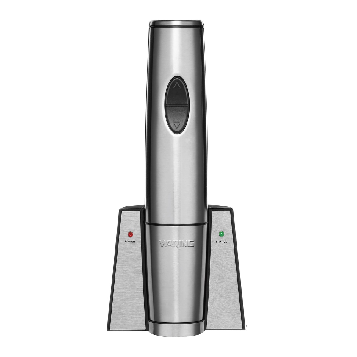 Waring WWO120 stainless steel electric wine opener in charging base with power and charge indicator lights