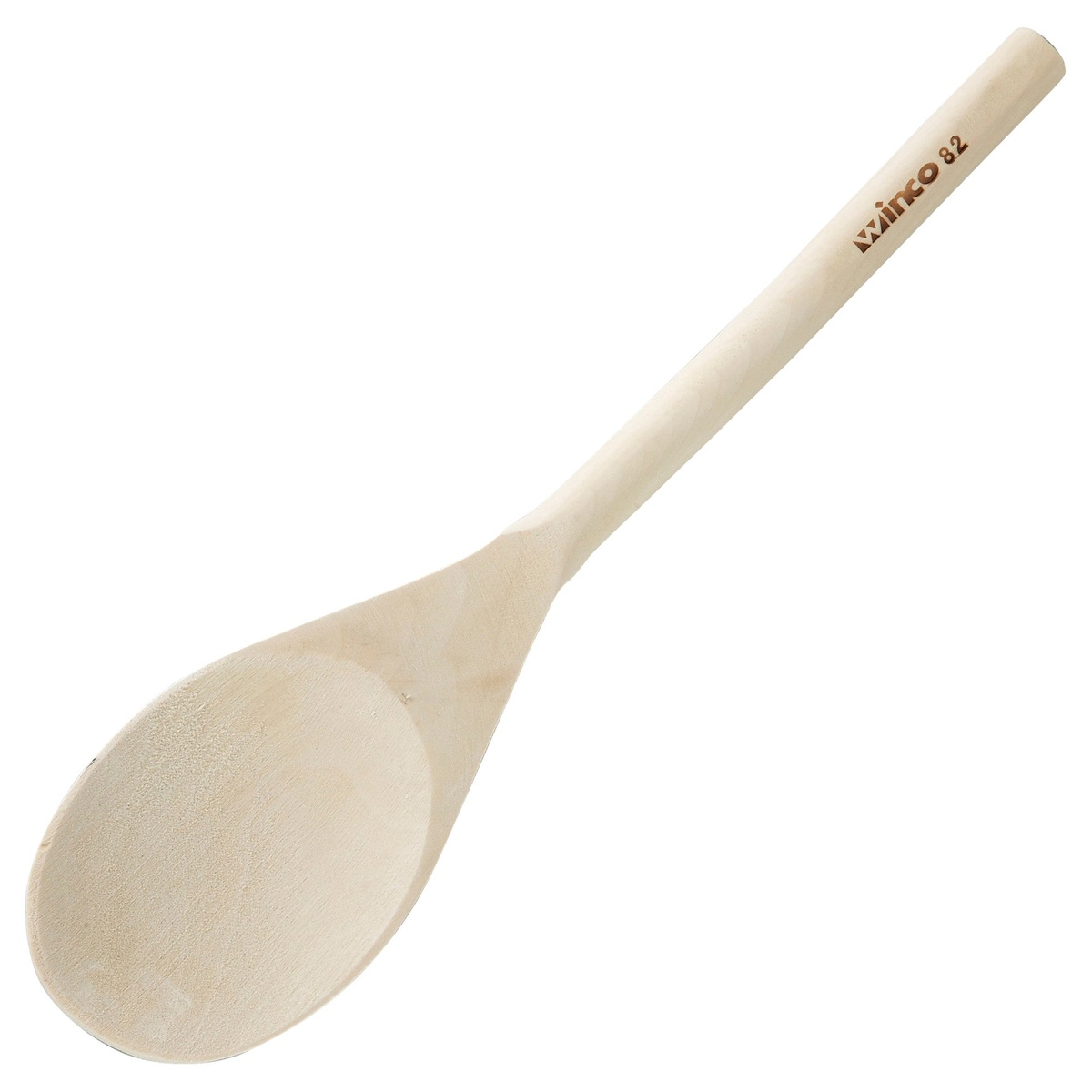 Winco WWP-12 12-inch wooden stirring spoon with rounded bowl and long handle, Winco brand mark on handle