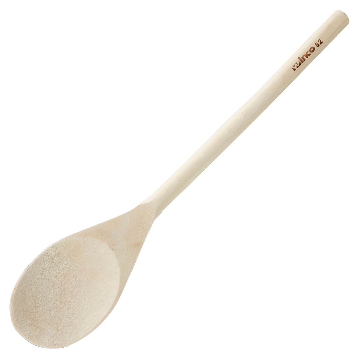 Winco WWP-14 14-inch wooden stirring spoon with rounded bowl and long handle, Winco branding on handle
