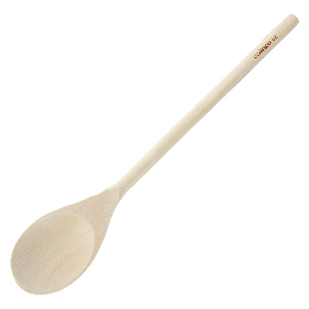 Winco WWP-16 16-inch natural wood stirring spoon with rounded bowl and long handle, Winco brand mark on handle