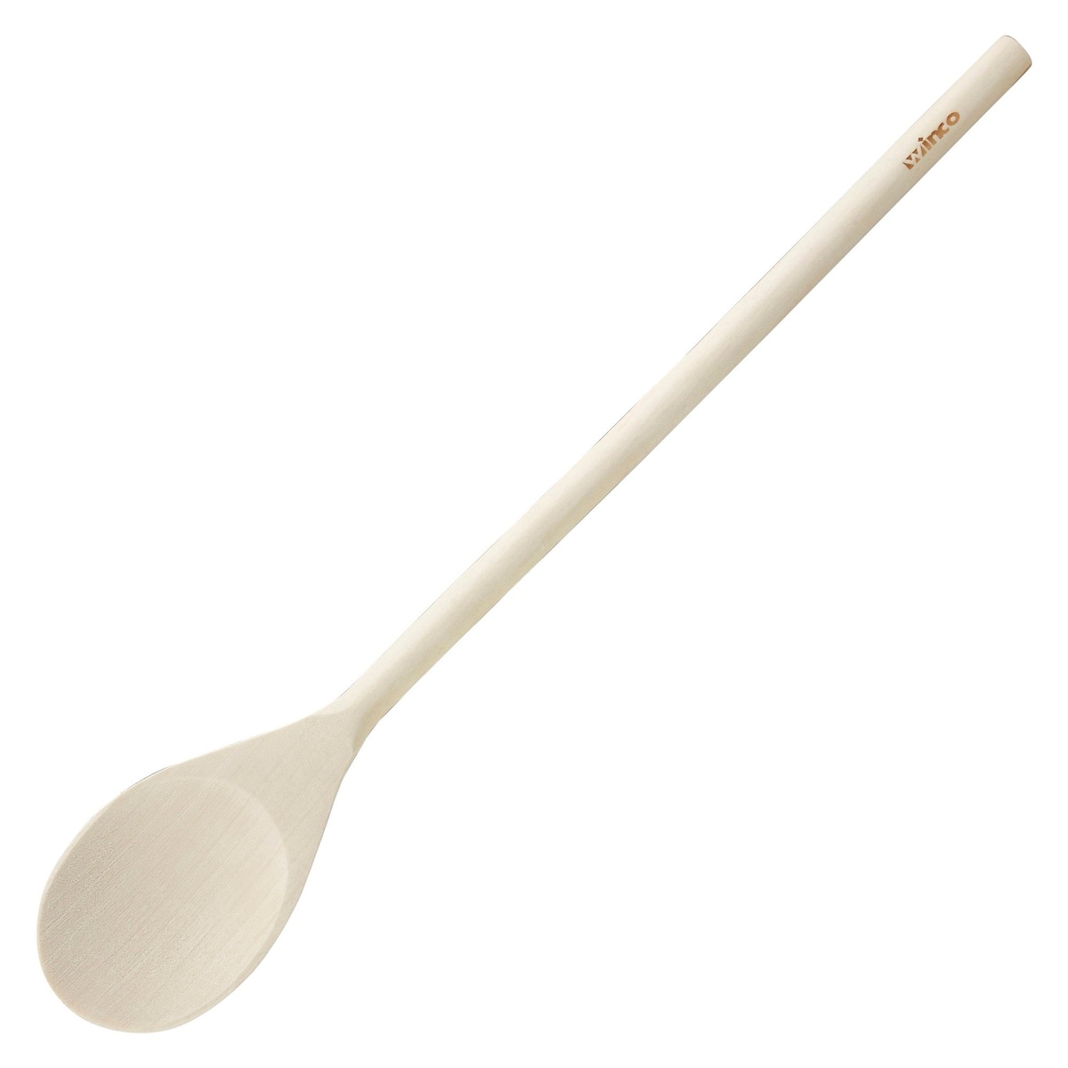 Winco WWP-18 18-inch wooden stirring spoon with long handle and rounded bowl, isolated on white