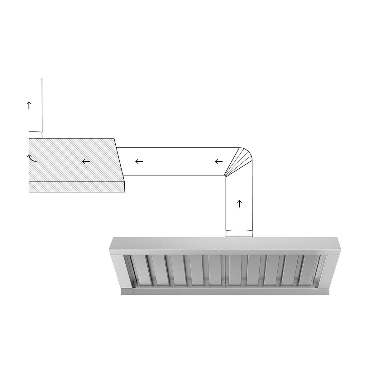 Technical installation diagram showing UNOX XAVHC-HC11 hood venting fumes via flexible hose to a ceiling exhaust or external duct