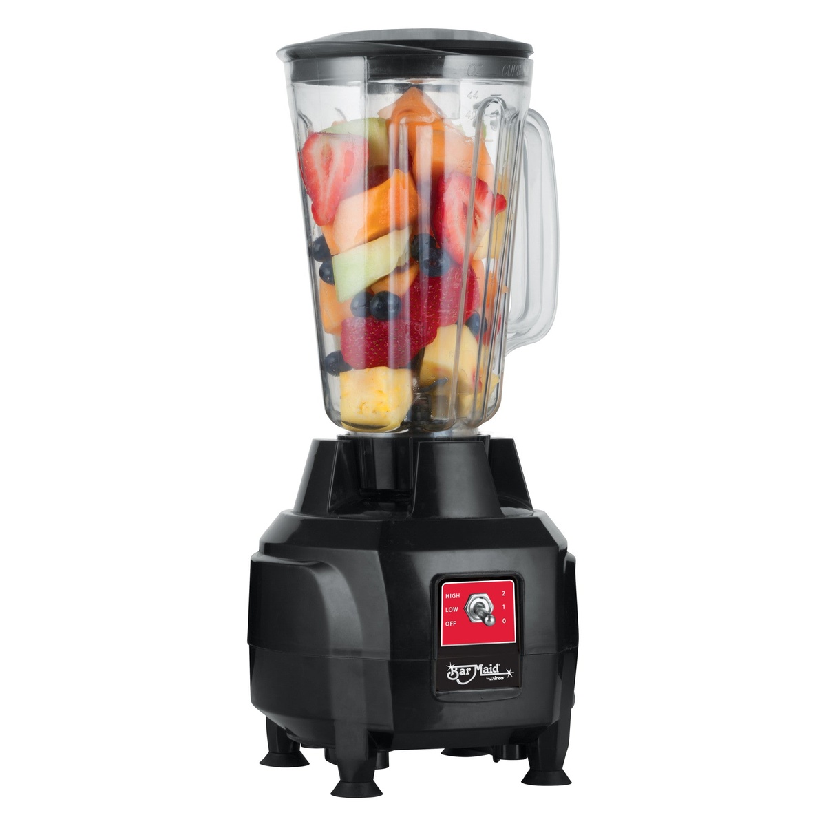 44 oz blender container filled with fruit on Bar Maid XLB-44 blender base