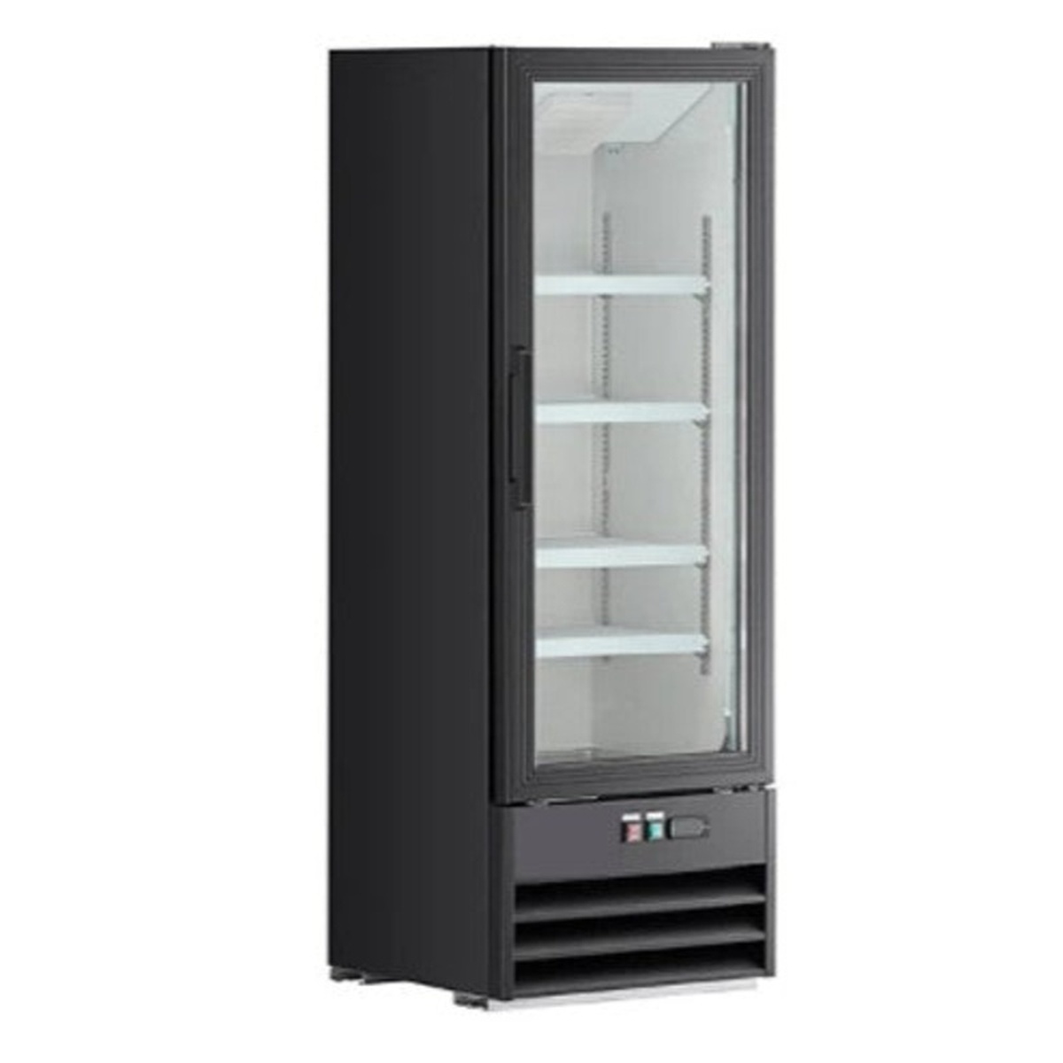 XLS-215W Enhanced upright glass door merchandiser refrigerator with black exterior and dual-pane tempered glass swing door