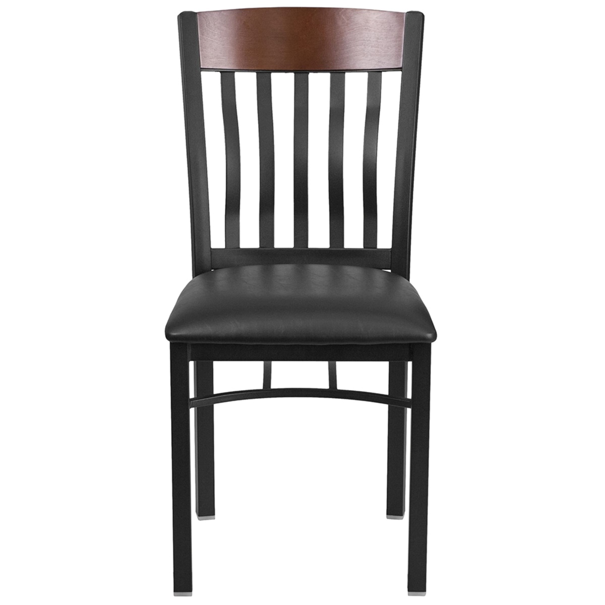 Flash Furniture Hercules Eclipse restaurant chair front view showing black vinyl upholstered seat and walnut wood top rail