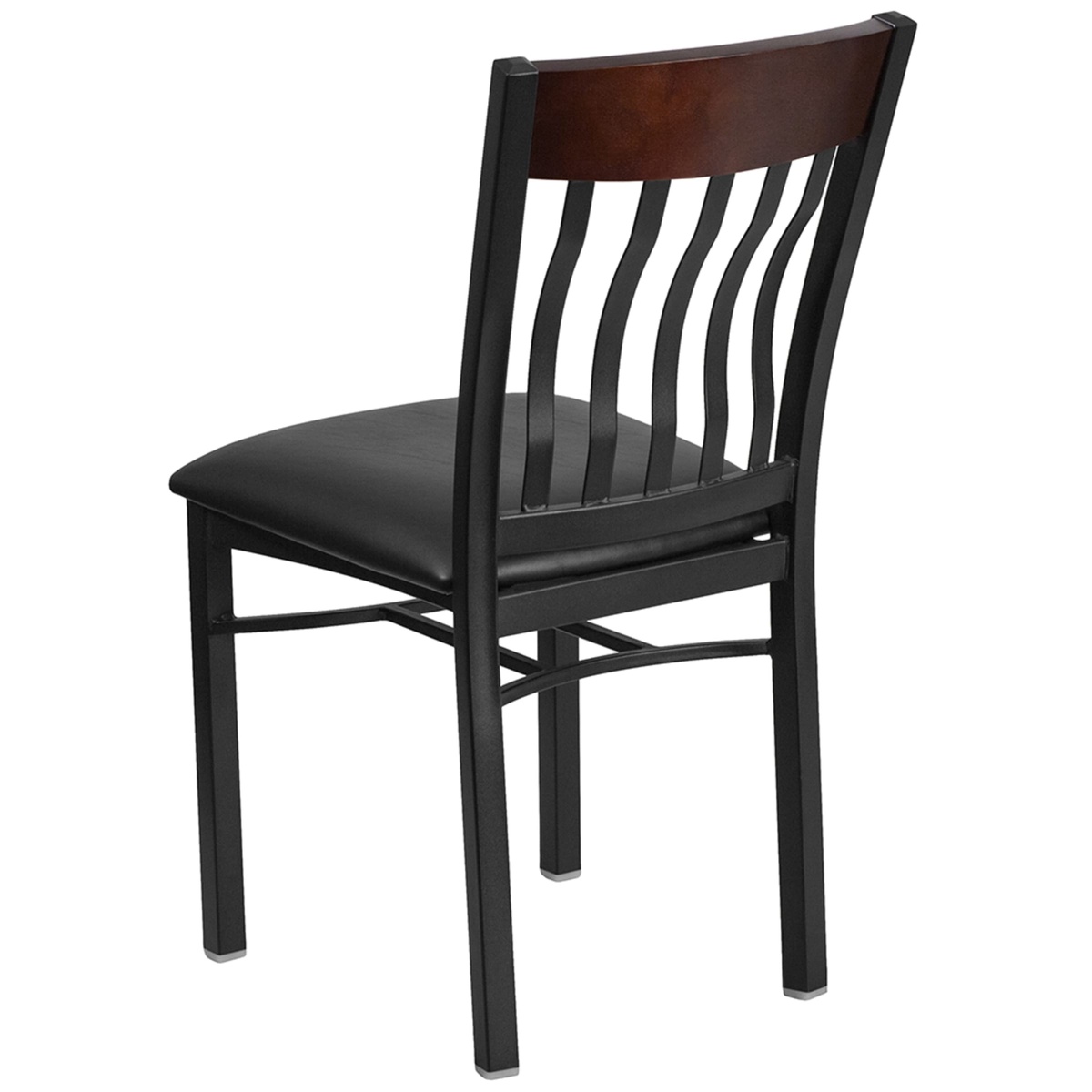 Flash Furniture Hercules Eclipse restaurant chair rear view showing walnut wood top rail and black steel vertical slat back