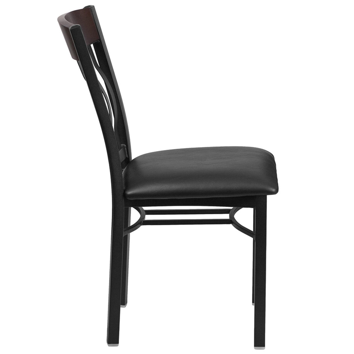 Flash Furniture Hercules Eclipse restaurant chair side profile view showing seat height, curved support bar, and floor glides
