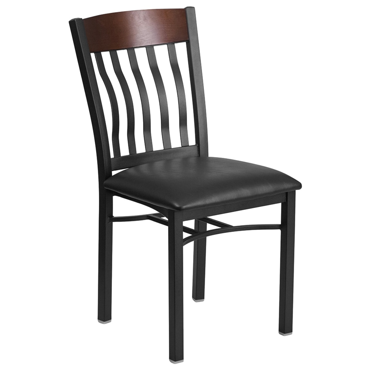 Flash Furniture Hercules Eclipse restaurant chair, 3/4 front view showing walnut wood slat back and black vinyl seat on black steel frame