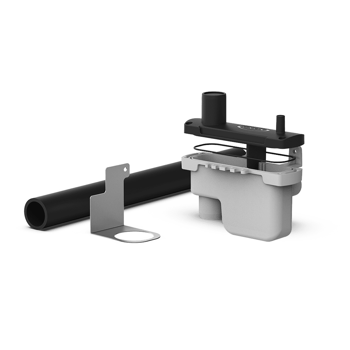 UNOX XUC003 installation kit showing drain pipe, mounting bracket, and U-trap assembly components