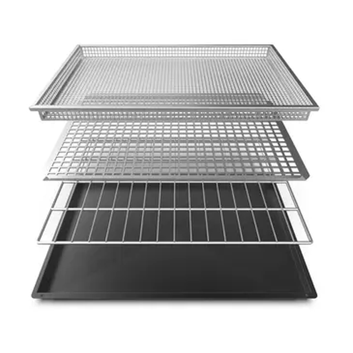 UNOX XUC008 Cooking Essentials Start-Up Kit showing stacked CHROMO.GRIDS, PAN.FRY, GRILL, and STEAM&FRY surfaces