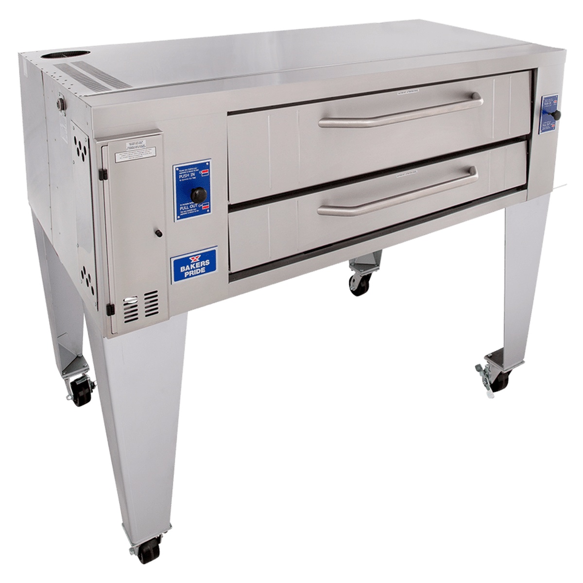Bakers Pride Y-600 gas pizza deck oven with dual front doors and stainless exterior
