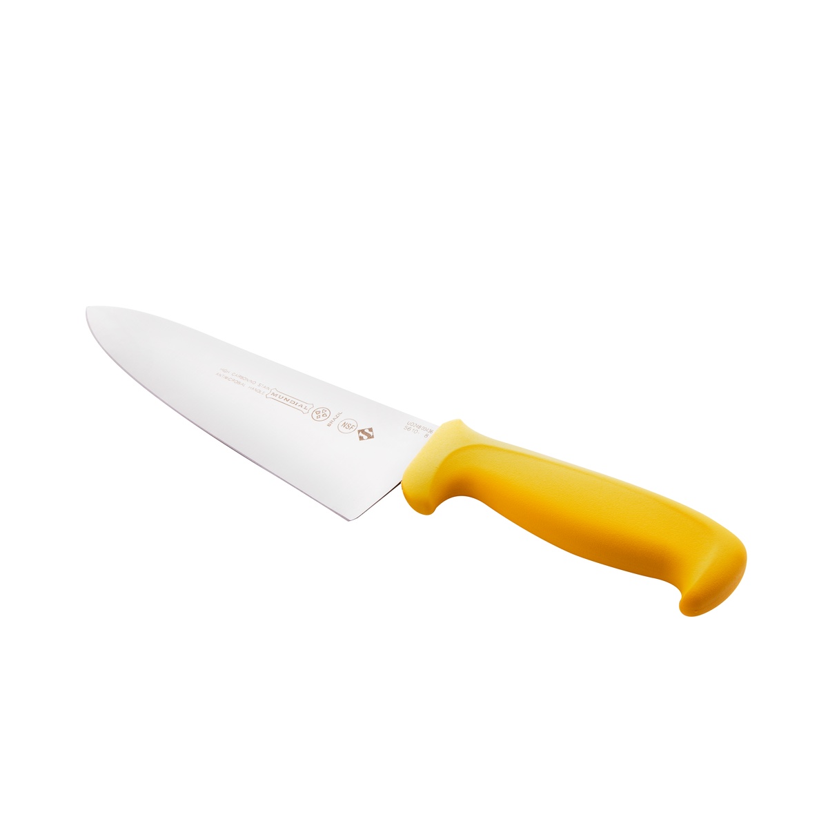 Mundial Y5610-8 cook's knife showing yellow ergonomic handle detail and finger guard