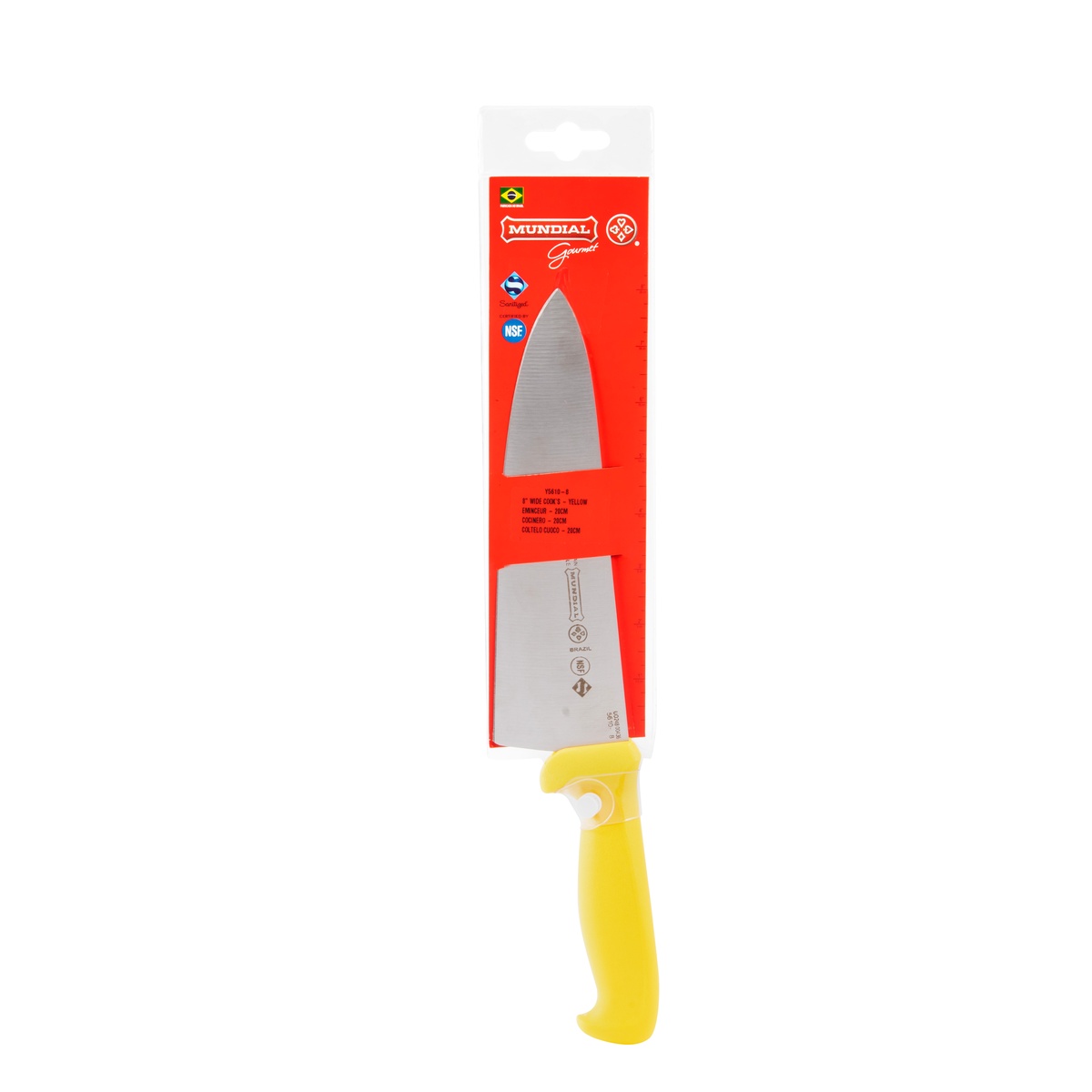 Mundial Y5610-8 yellow-handled cook's knife full product view with blade and handle