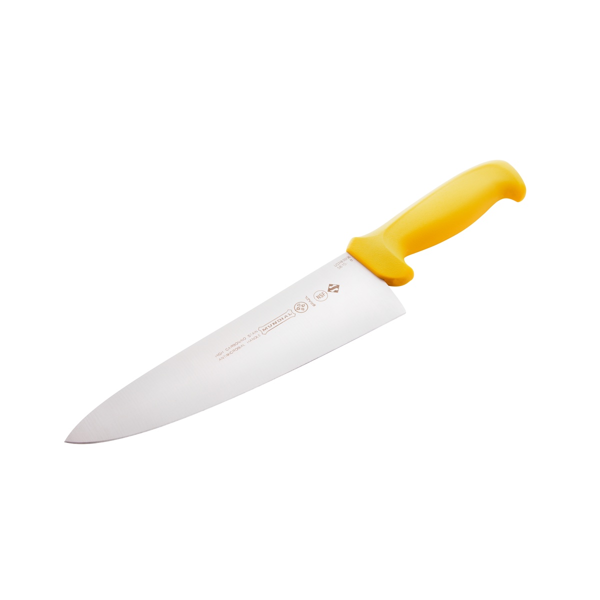 Mundial Y5610-8 8-inch cook's knife with yellow polypropylene handle, full blade view