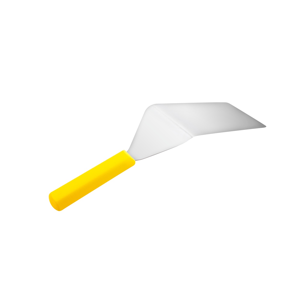 Mundial Y5682 grill turner with bright yellow handle and wide stainless steel blade on white background