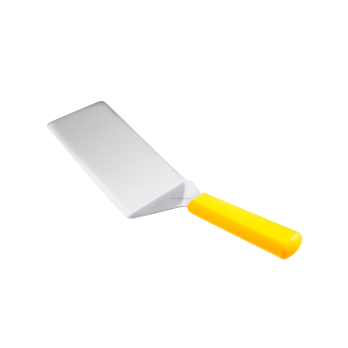 Mundial Y5682 Turner 5600 Series with yellow polypropylene handle and stainless steel blade, angled view