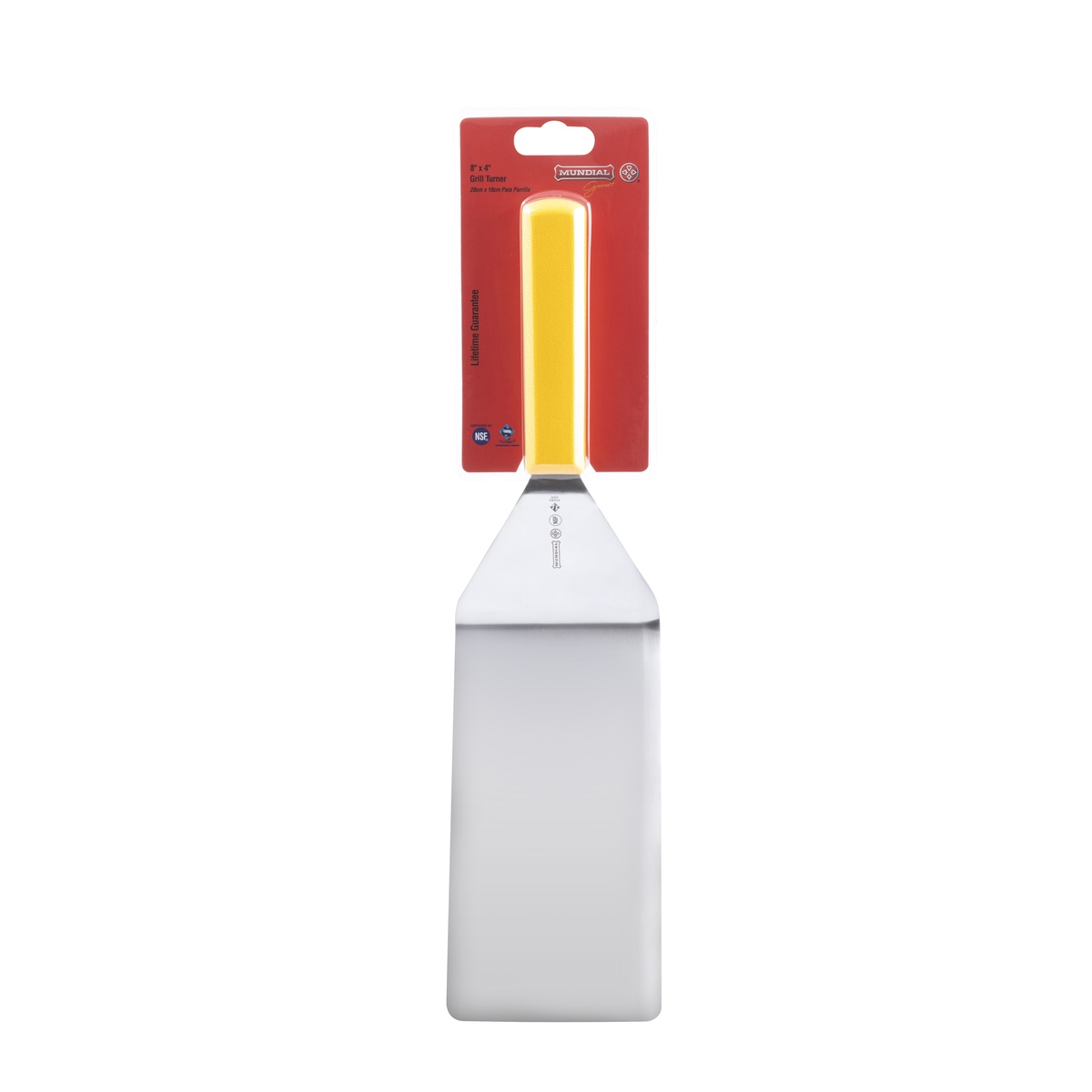Mundial Y5682 solid stainless steel grill turner with yellow handle, side profile view