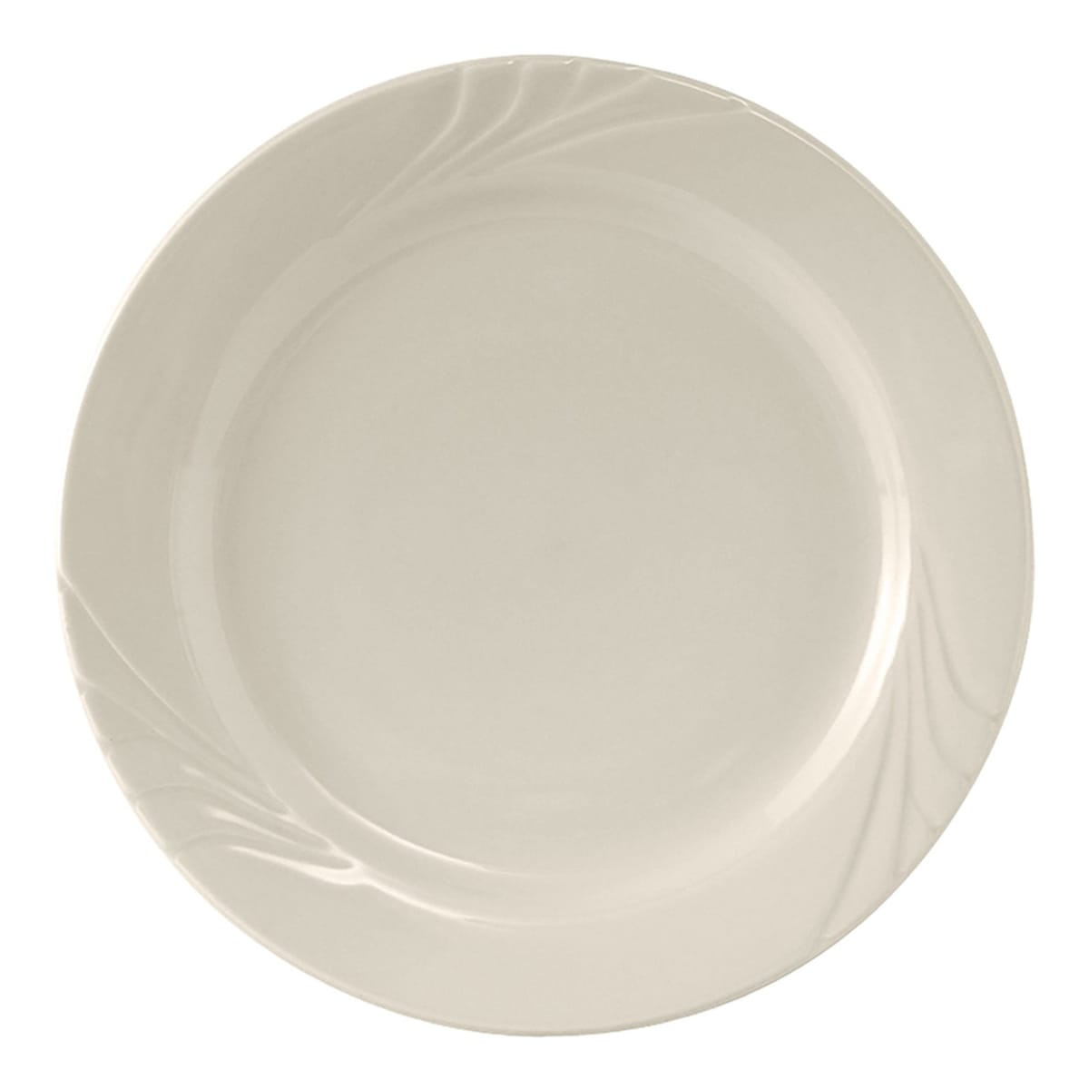 Tuxton YEA-090 9-inch round Monterey plate in American White with wide embossed rim, top-down view