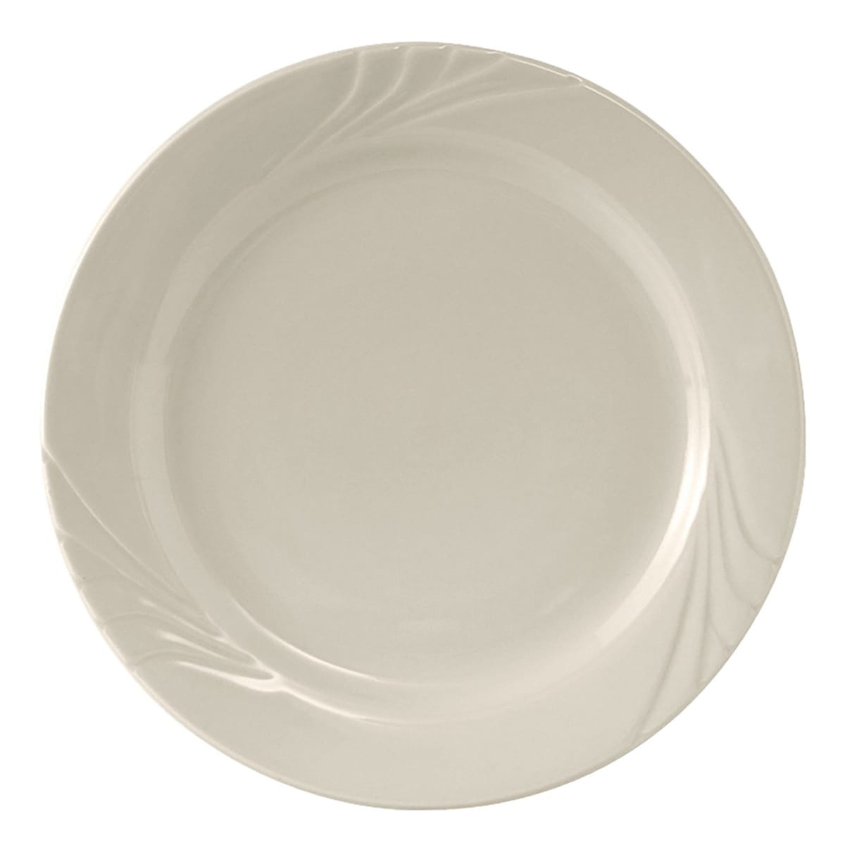 Tuxton YEA-102 10-1/4 inch round ceramic dinner plate in American White/Eggshell with wide embossed rim