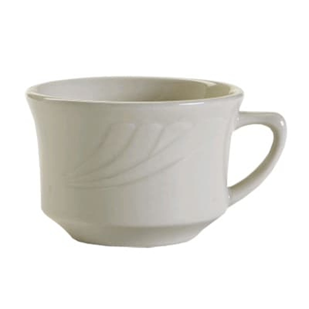 Tuxton YEF-0752 Monterey short cup showing embossed pattern detail on eggshell ceramic body