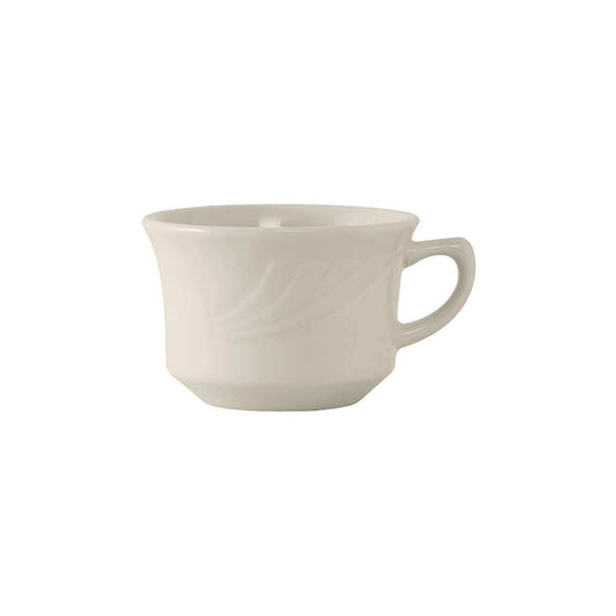 Tuxton YEF-0752 Monterey 7 oz eggshell short cup with embossed wing detail and handle, side view