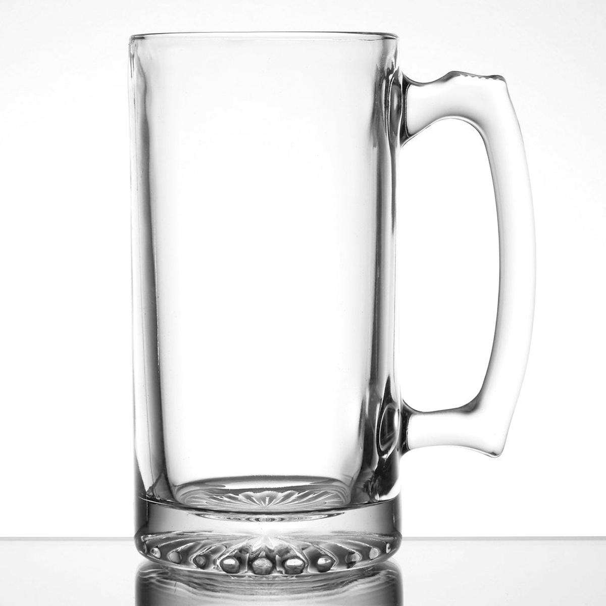 Clear 25 oz. glass sport mug with handle, front view