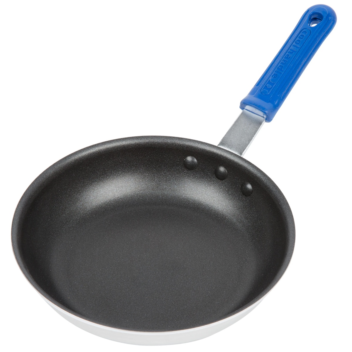 Vollrath Wear-Ever 8-inch aluminum fry pan with black CeramiGuard II nonstick interior and blue Cool Handle silicone grip