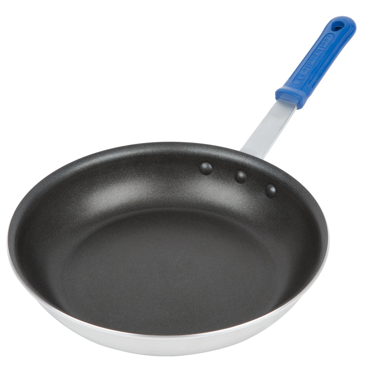Vollrath Z4010 10-inch Wear-Ever aluminum fry pan with black CeramiGuard II nonstick interior and blue Cool Handle silicone sleeve