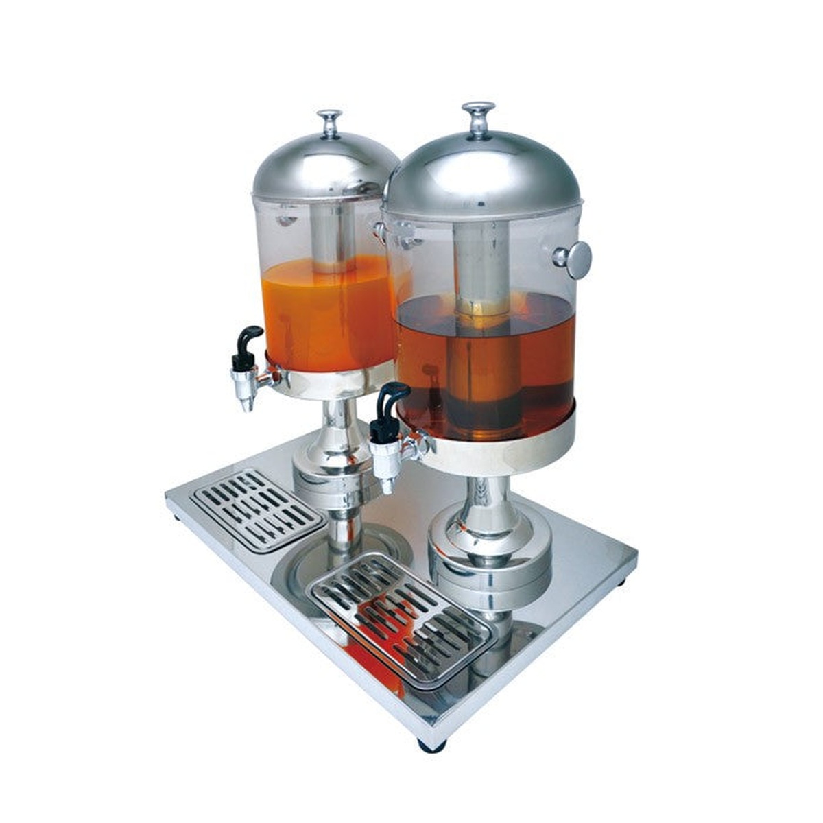 ZCF302A/B Enhanced double beverage dispenser with two acrylic tanks filled with orange juice, chrome dome lids, spigots, and a chrome drip tray base