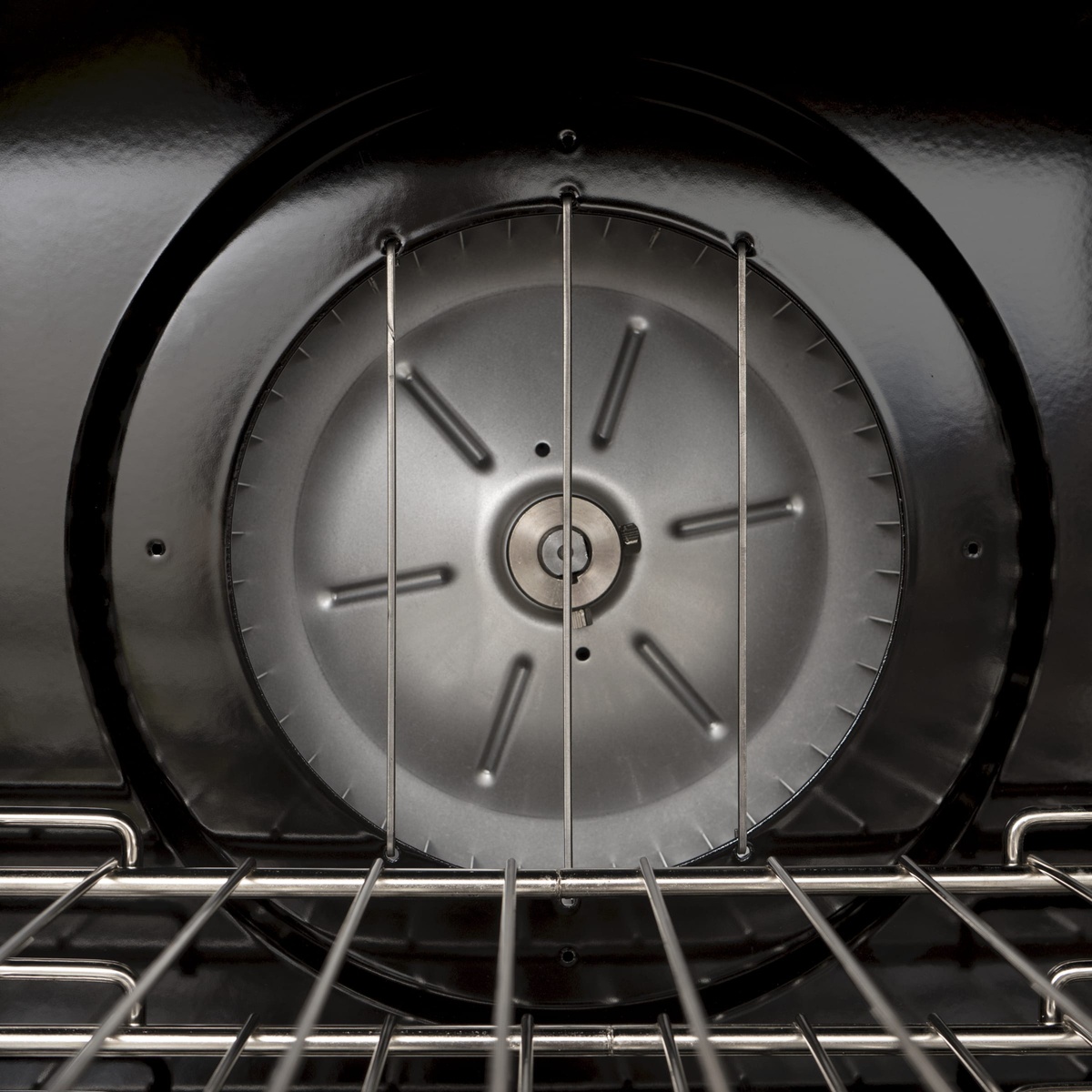 Interior view showing the oven's convection fan and rear air circulation area
