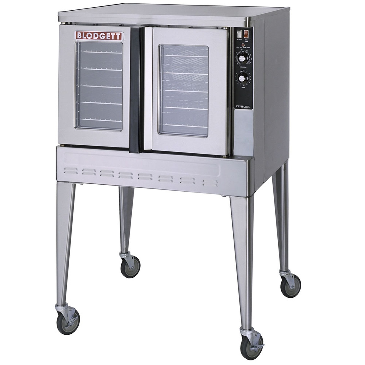 Angled view of Blodgett Zephaire gas convection oven showing control panel and stainless exterior