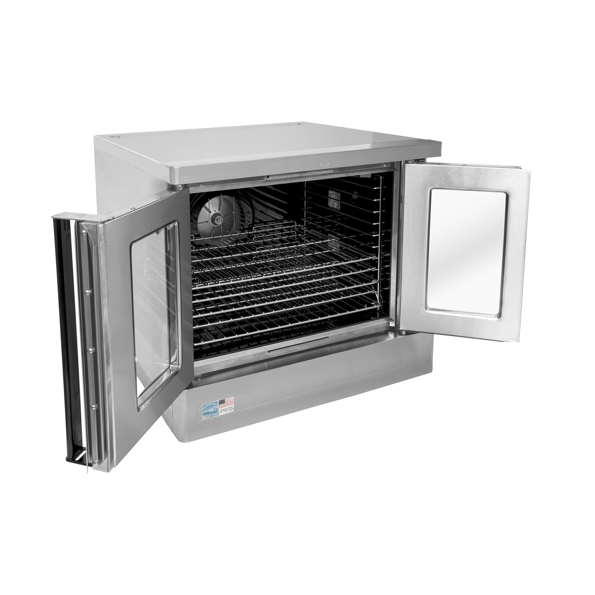 Open Blodgett Zephaire convection oven showing interior racks and fan